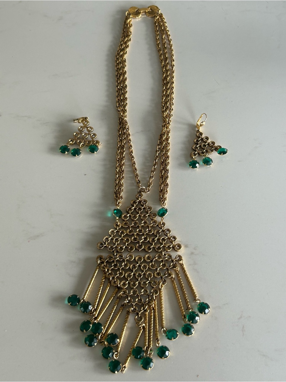 Vintage 1960s Egyptian Revival statement tassel necklace & chandelier earrings